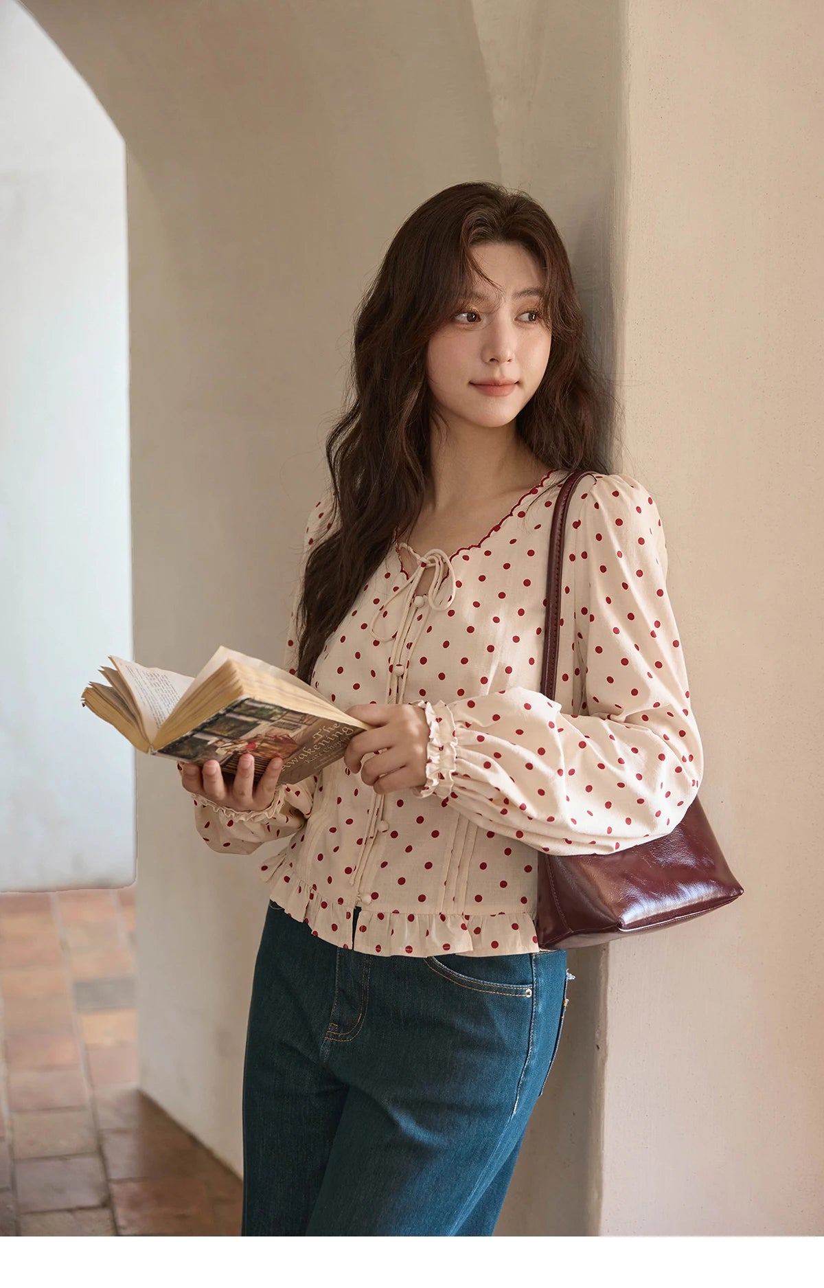 MISHOW Apricot Bottom Red Polka Dot Shirt for Women Autumn 2025 Korean Ruffled Edges Shirts V-neck Lace-up Sweet Top MXE42X1971