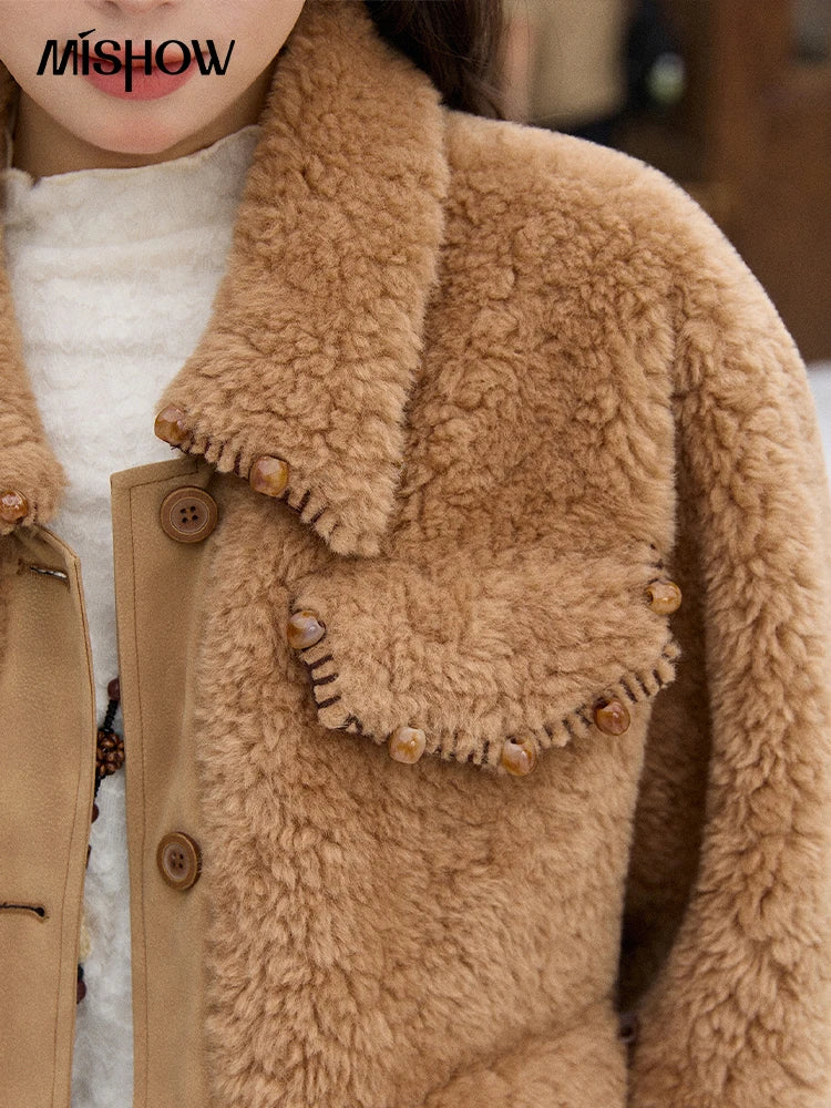 MISHOW Faux Lambskin Coat Women 2025 Winter Retro Turn-down Collar Brown Coat Office Lady Loose Warm Casual Jackets MXE89W0896