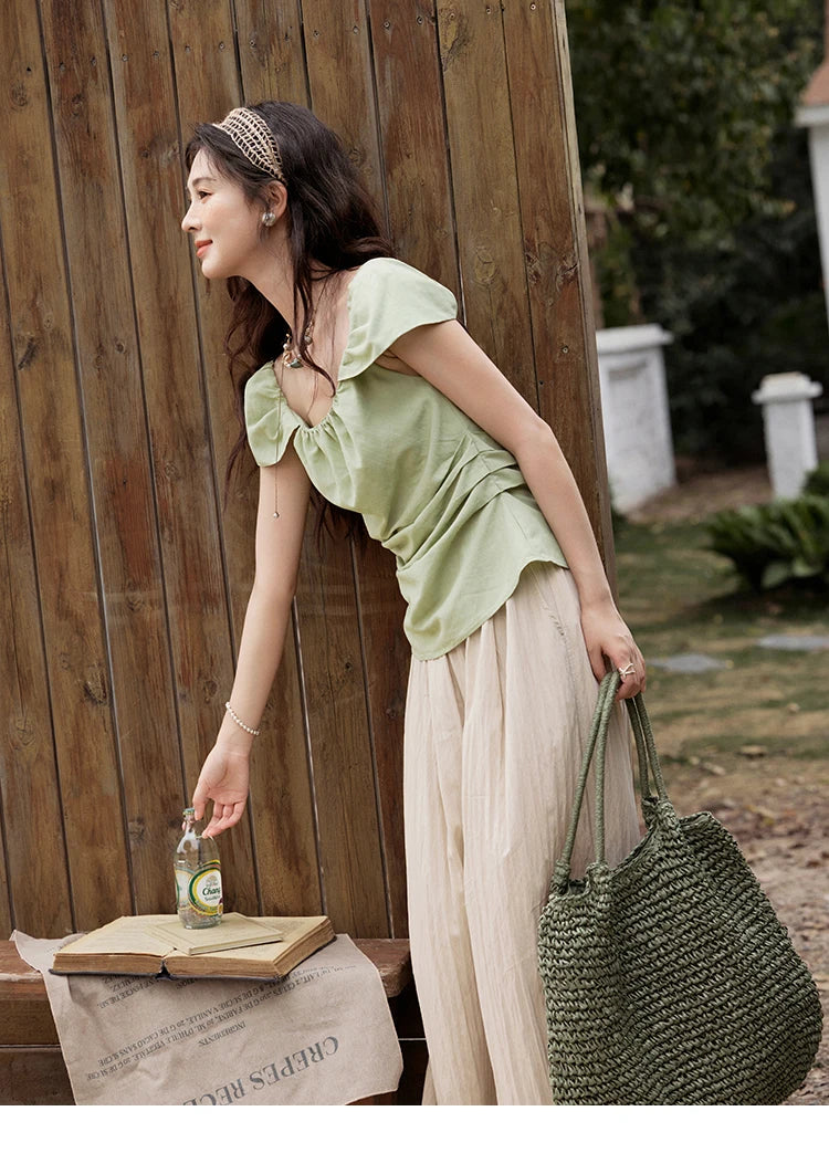 MISHOW French Summer Shirt Women 2025 New Short Flying Sleeve Square Collar Solid Slimming Blouses Female Versatile MXE34X1804