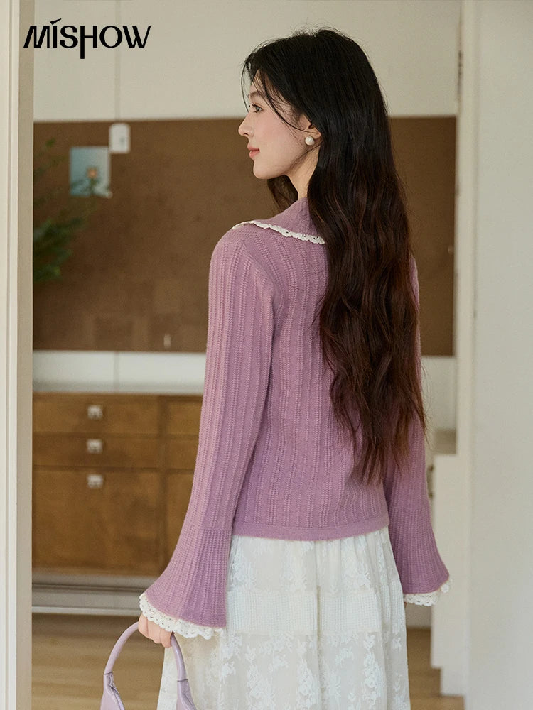 MISHOW Women's Lilac Flare Sleeve Knitted Cardigan 2026 Spring Peter Pan Collar Lace Trim Long Sleeve Slim Casual Top MXF11Z2994