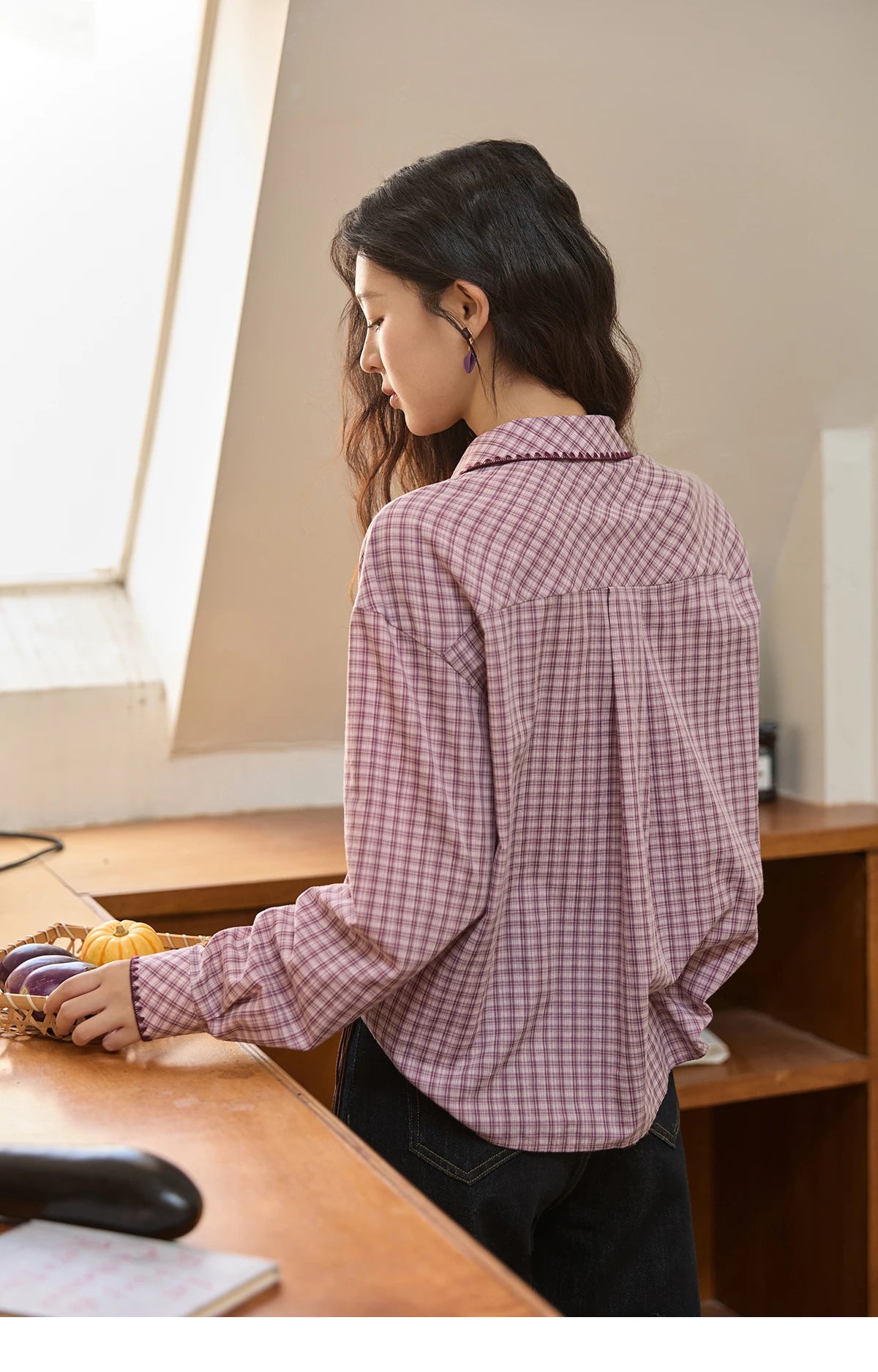 MISHOW Purple Plaid Shirt for Women Autumn 2025 Contrasting Embroidery Irregular Placket Shirt with Pocket Casual Top MXE44C2394