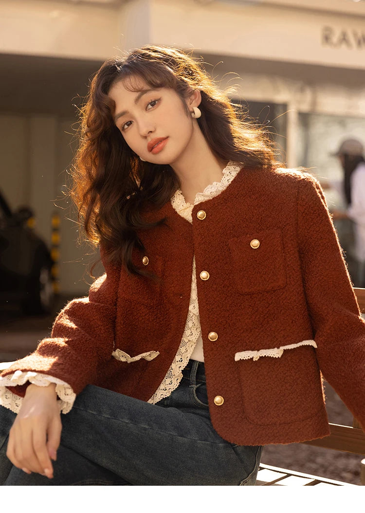 MISHOW Wool Coat for Women Winter Korean Retro Lace Splicing Lamb Wool Button Pockets Thickened Warm Female Coat MXB43W0720