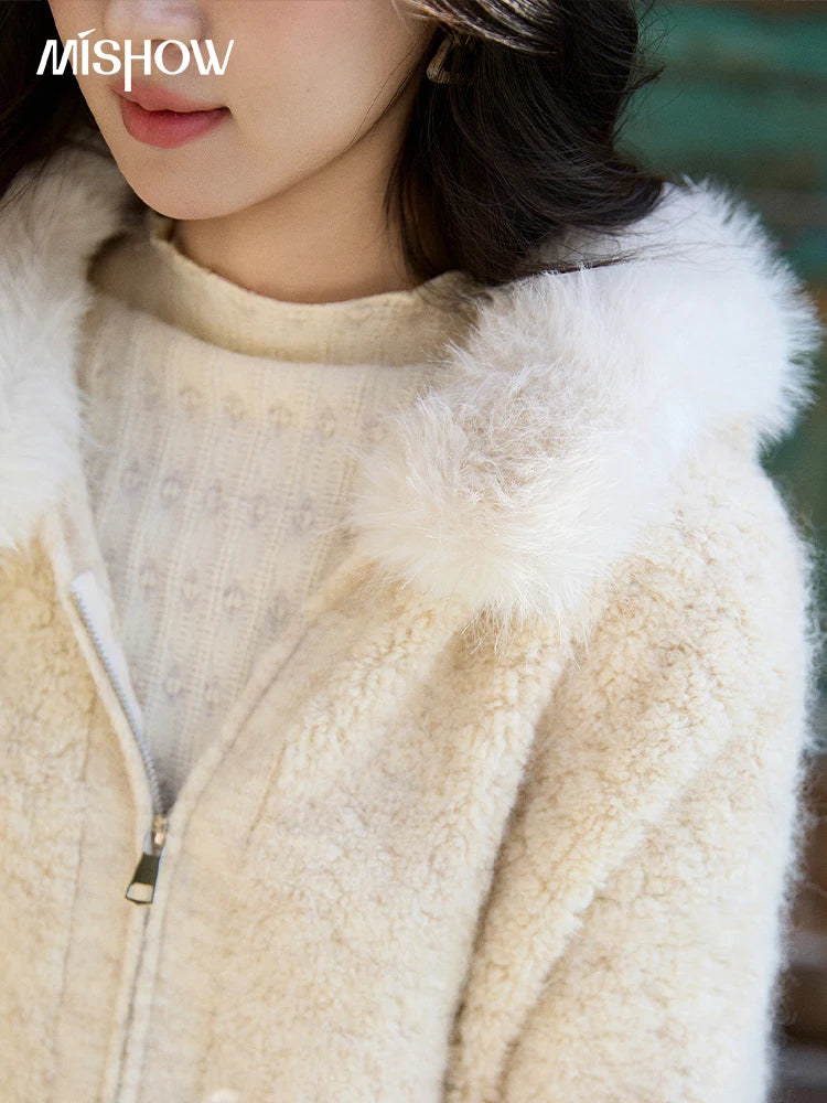 MISHOW Women's Beige White Cardigan Winter Fur Hood Zipper Warm Loose Outerwear Towel Embroidered Knitted Cardigan MXE94Z2963