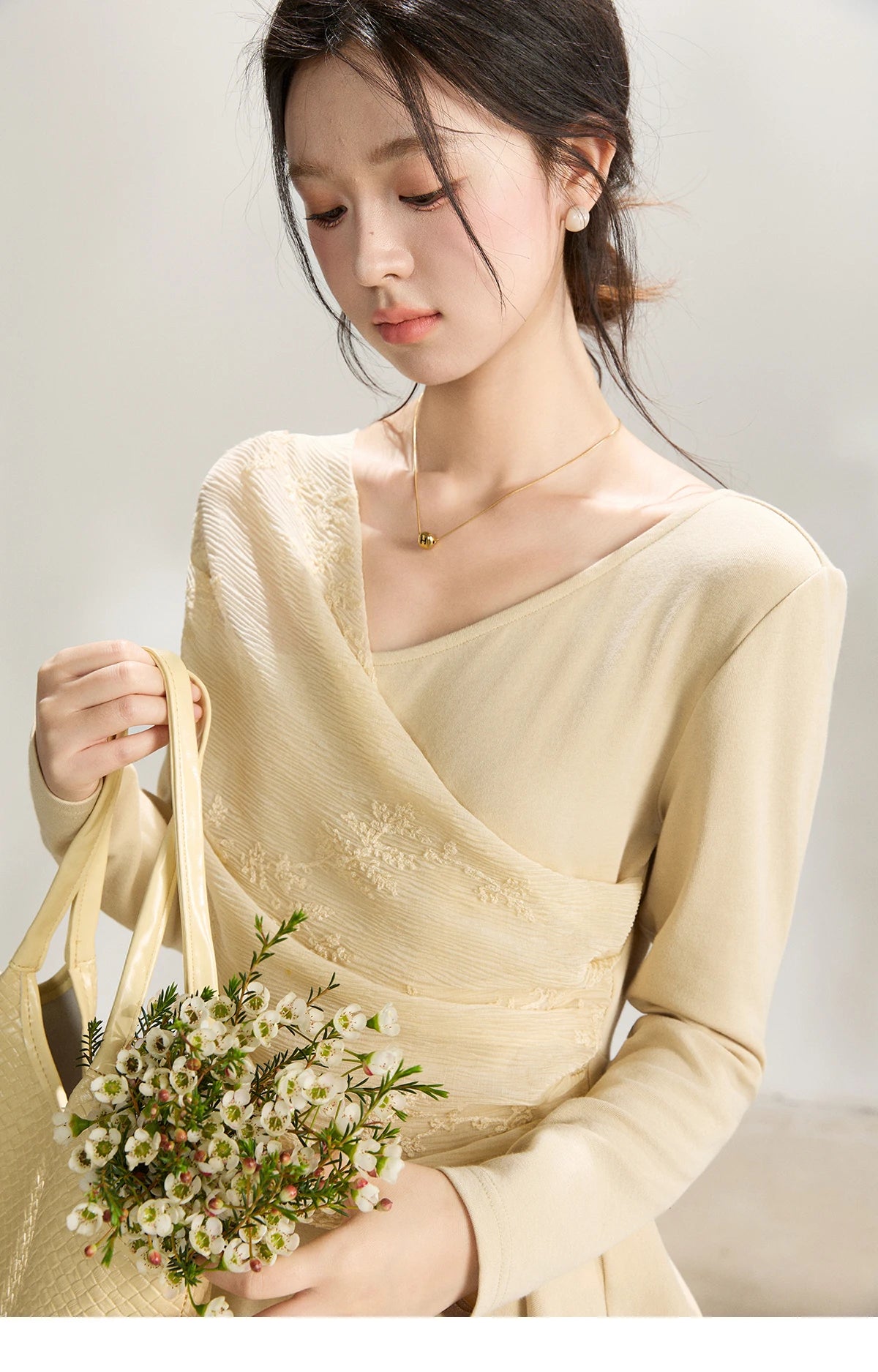 MISHOW Women's Asymmetric Lace Patchwork Tops 2026 Spring V Neck Long Sleeve Top Ruched Waist Ruffled Hem Casual Tees MXF11Z2942