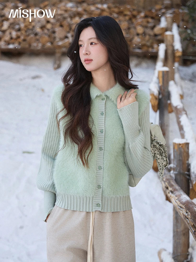 MISHOW Women's Green Faux Mink Fur Patchwork Knitted Cardigan Winter Lapel Warm Soft Knit Top single-breasted sweater MXE86Z2764