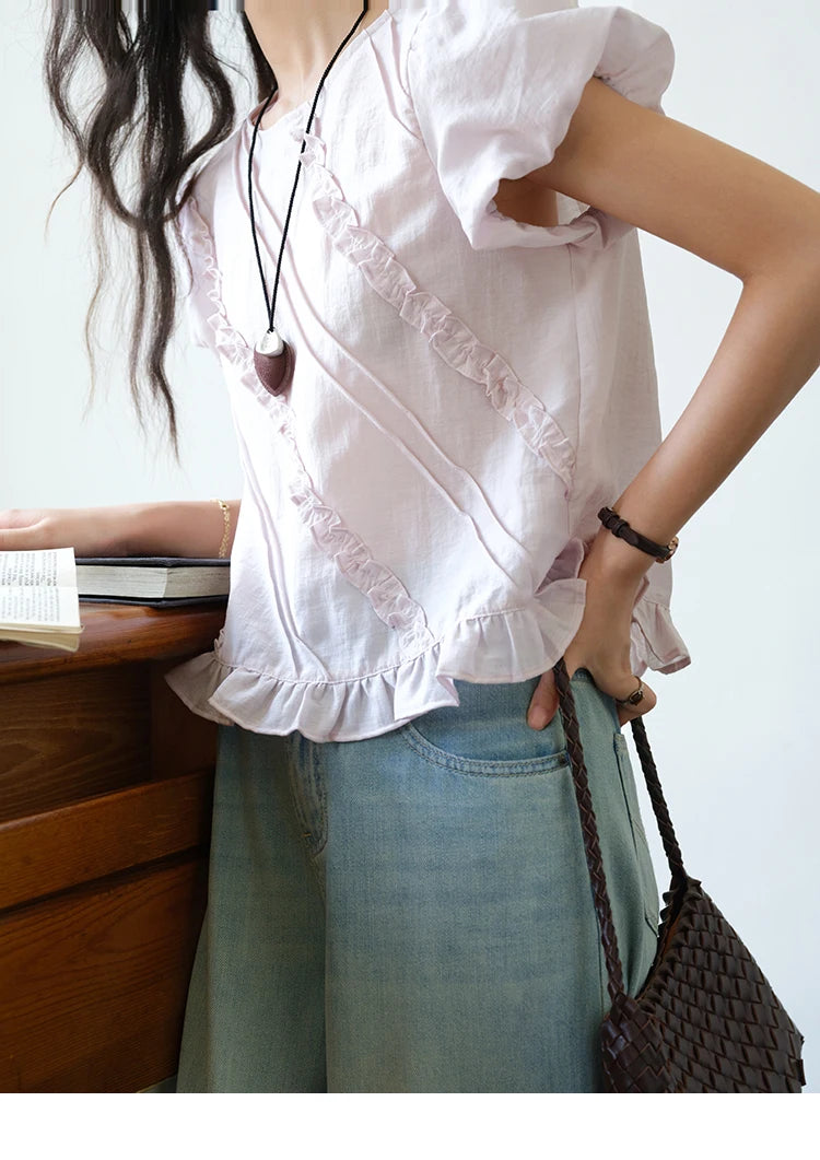 MISHOW Fashion Fungus Edge Puff Sleeve Blouses for Woman 2025 Summer O-Neck French Sweet Loose Top Ladies Clothing MXE39X1941