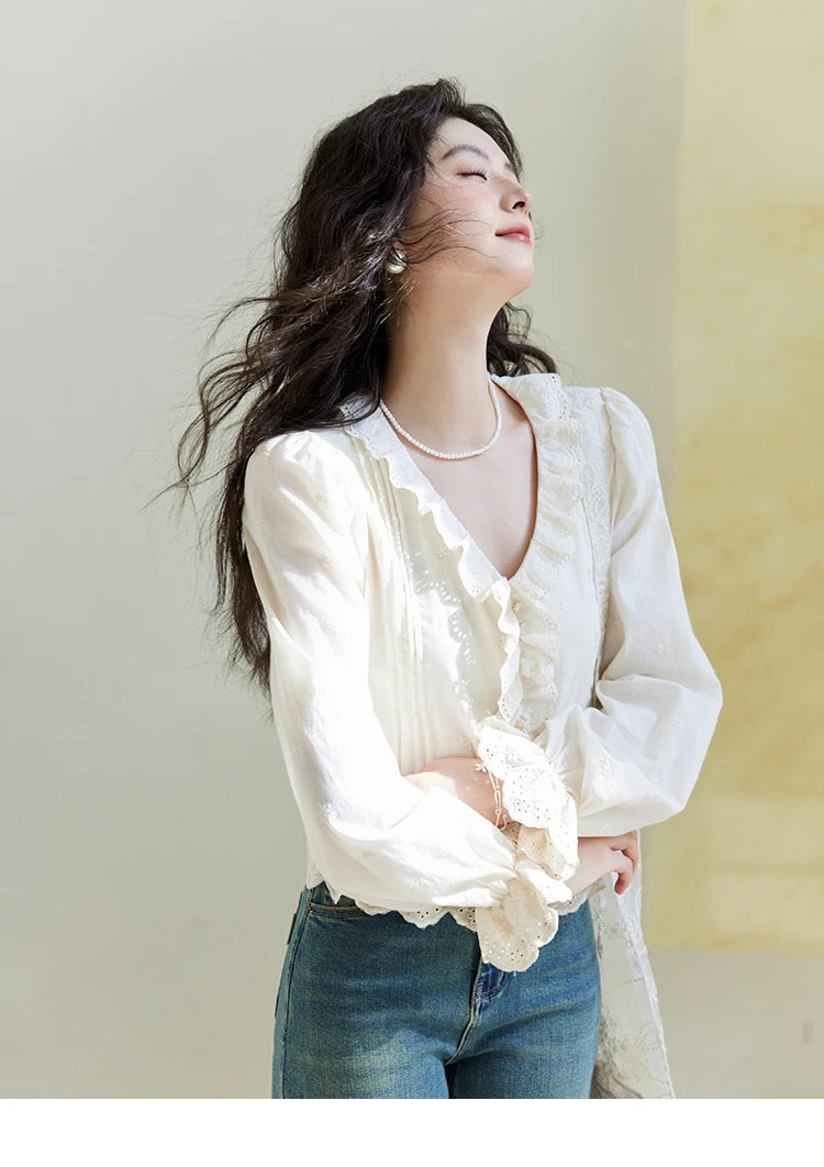 MISHOW Spring New French Shirts for Woman 2025 Long Sleeve V-neck Solid Loose Blouses Women Fashion Versatile Tops MXE14X1732