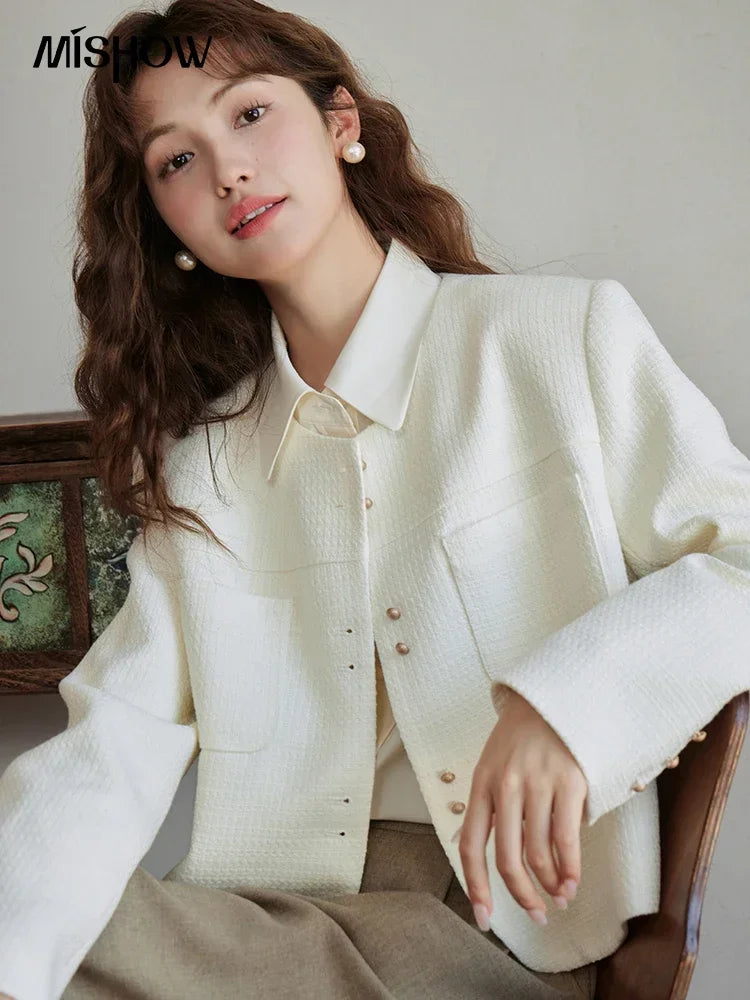 MISHOW Retro Round Neck Coats for Women Spring Autumn Pockets Loose Gold Button Single Breasted Solid Short Jackets MXC44W0072