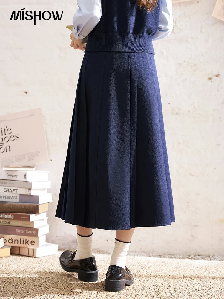 MISHOW Elegant A-line Skirt 2024 Spring Solid Preppy Style Commuter Pleated High Waist Slim Female Mid Length Skirts MXD12B0213
