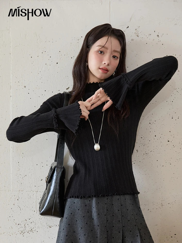 MISHOW Women's Long Sleeve Top 2025 Autumn New Casual Solid Turtleneck Slim Knit Wood Ear Edge Trumpet Sleeve Top MXE51Z2552