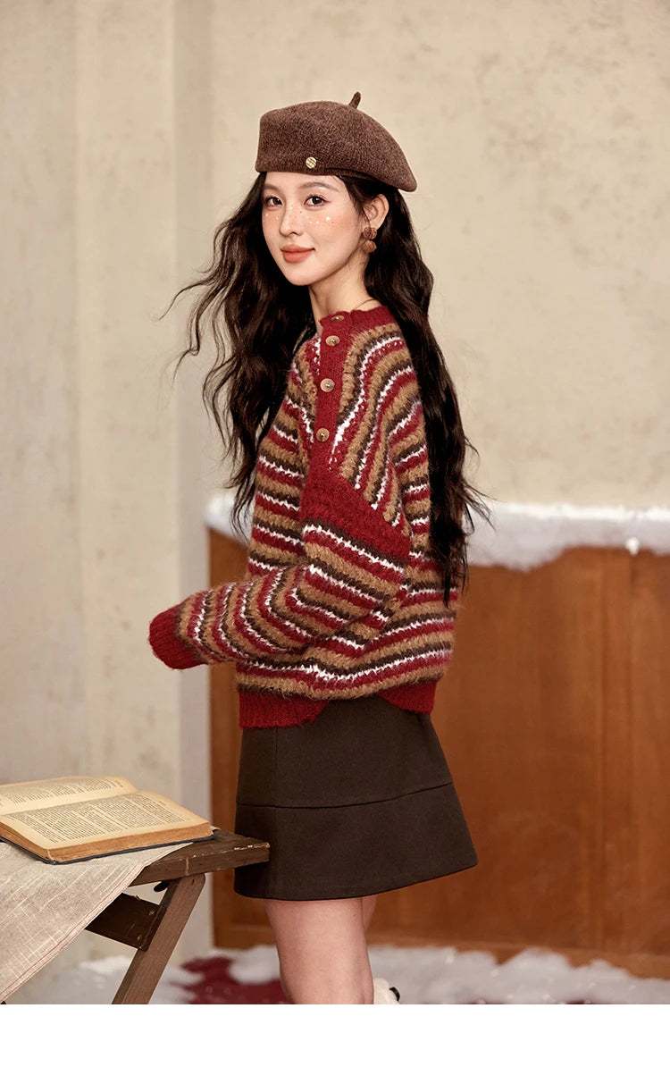 MISHOW Christmas Retro Striped Wool Blend Sweater Women Button Decoration Women Clothing Thick O-Neck Knitted Tops MXD59Z1060