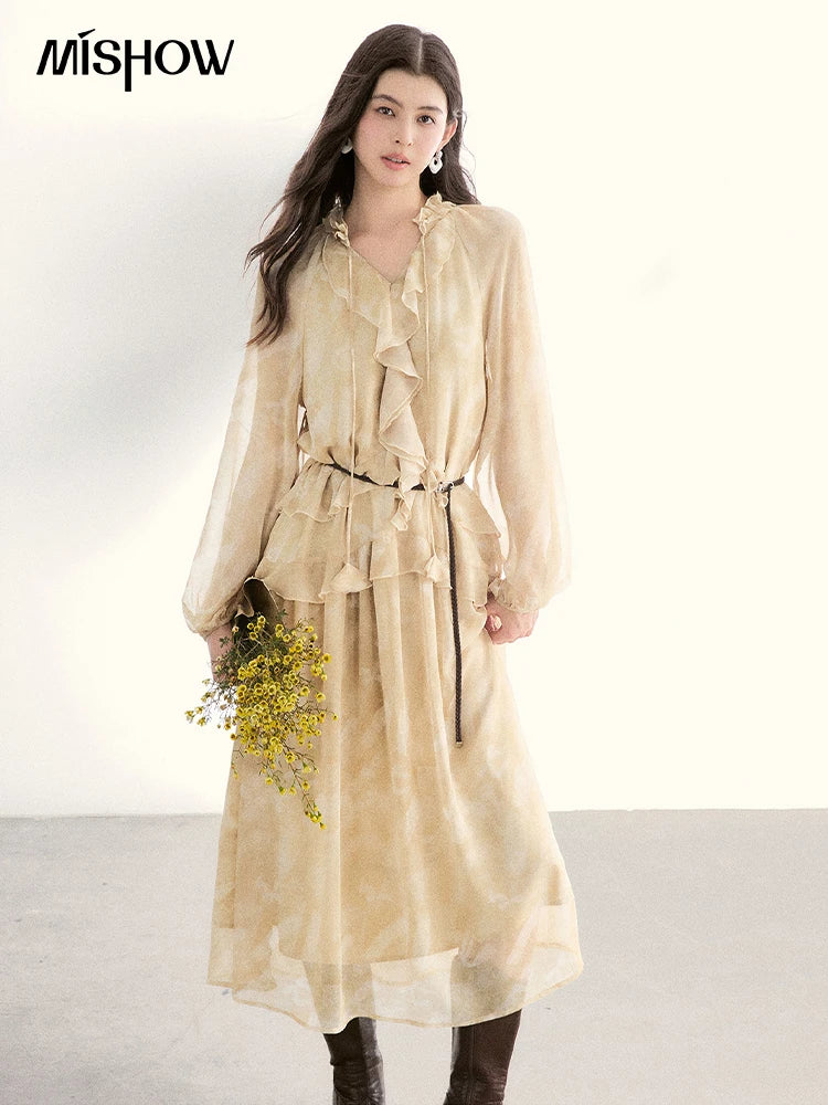 MISHOW Light Yellow Chiffon Maxi Dress 2026 Spring V-Neck Ruffled Belted Floral Print Casual Long Sleeve Dresses MXF11L2554