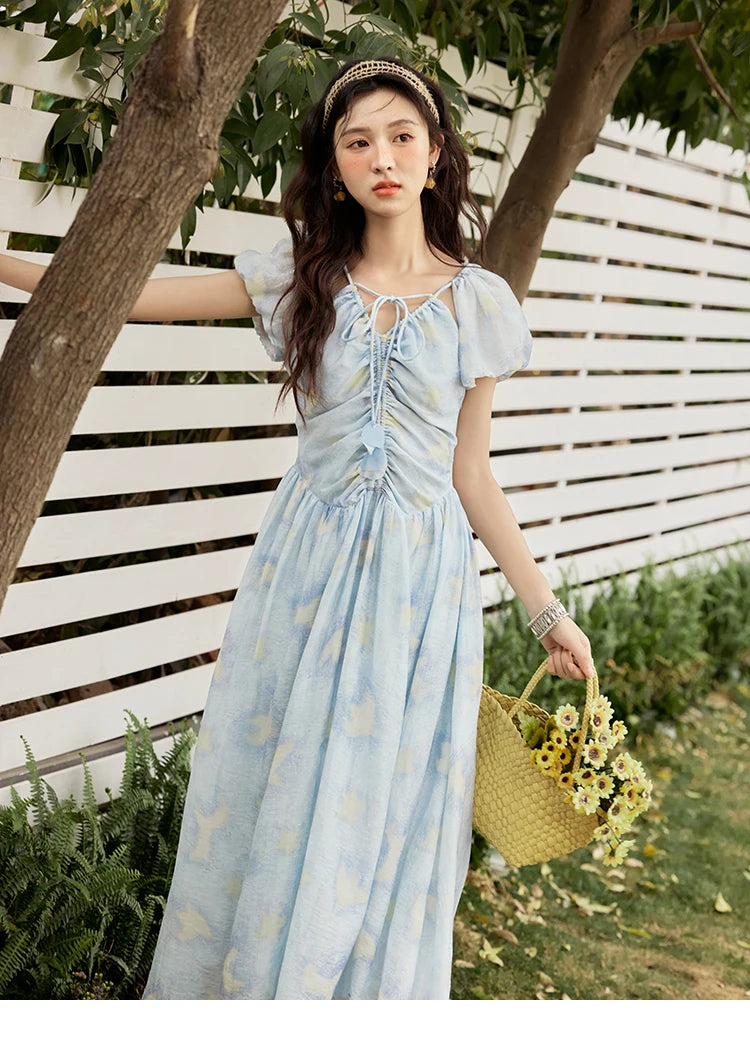 MISHOW V-Neck Lace-Up Puff Sleeve Midi Dress MXE34L2227