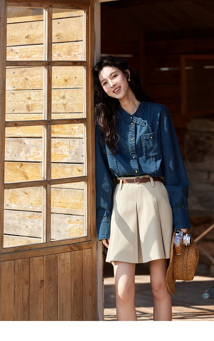 MISHOW 100 Cotton Denim Shirt French Retro Long Sleeved Shirt for Women 2025 Spring Loose Fit O Neck Casual Shirt Top MXE12C0384