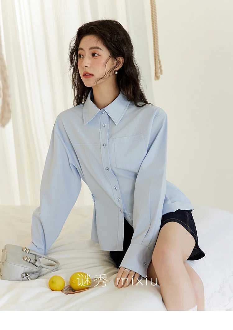 MISHOW Women's French Blue Shirt Long Sleeve 2025 Spring Polo Collar Waist Pocket Versatile Shirt Single Breasted Top MXE14C0753