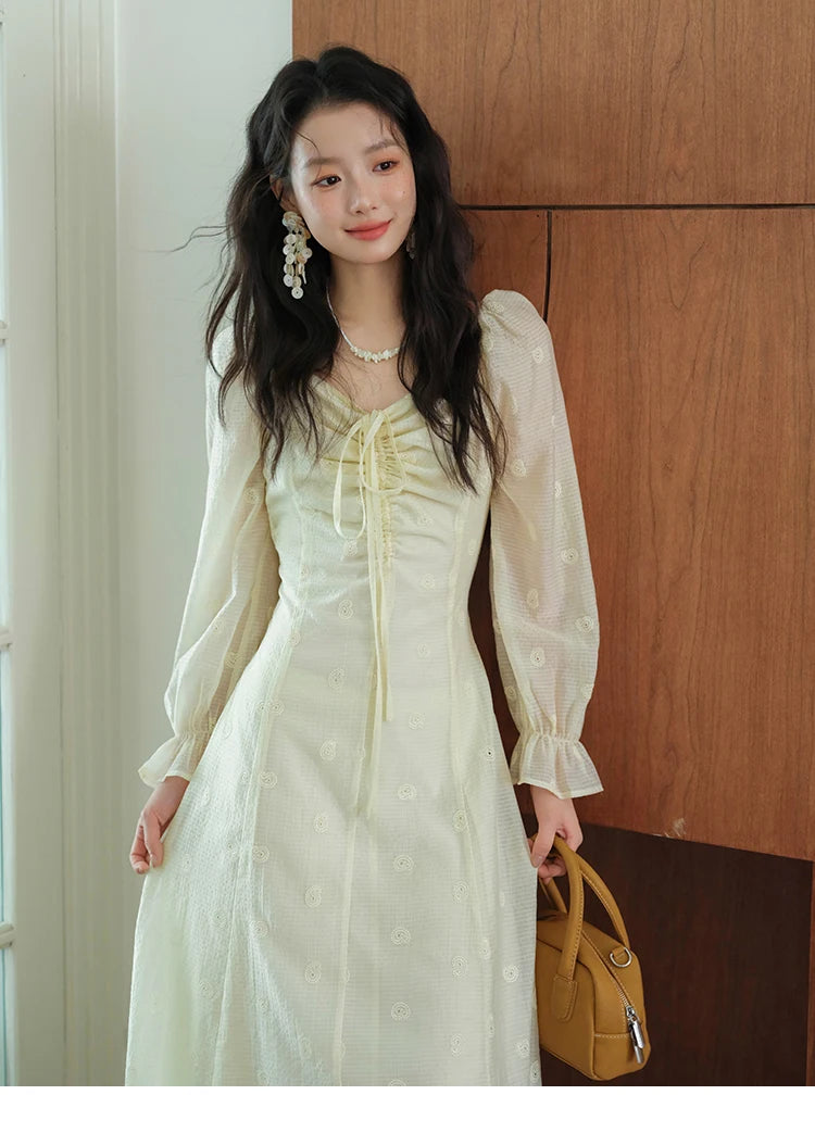 MISHOW Women's Cashew Flower Embroidered Dress 2025 Autumn V-neck Drawstring Long Sleeves Ladies Elegant Slim Dresses MXE41L2387