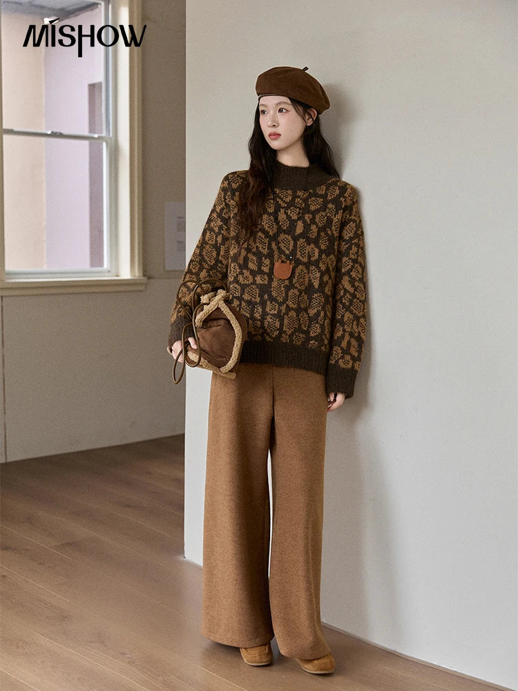 MISHOW Women's Color Block Geometric Leopard Jacquard Sweater Winter French Half Turtleneck Dropped Sleeve Knitwear MXE91Z2839