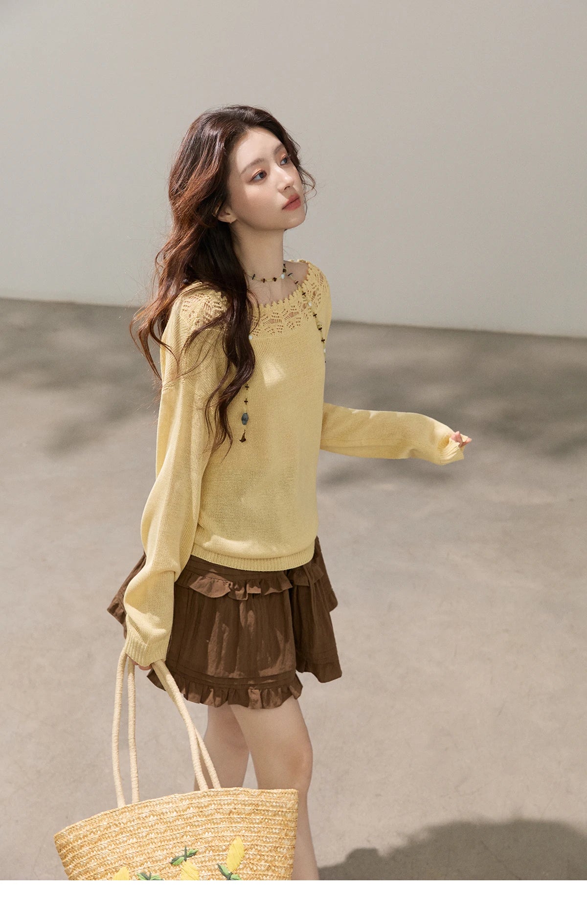 MISHOW Women's Hollowed Out Lace Trim Knit Tops 2026 Spring Boat Neck Long Sleeve Knitwear Casual Soft Yellow Sweater MXF15Z3050