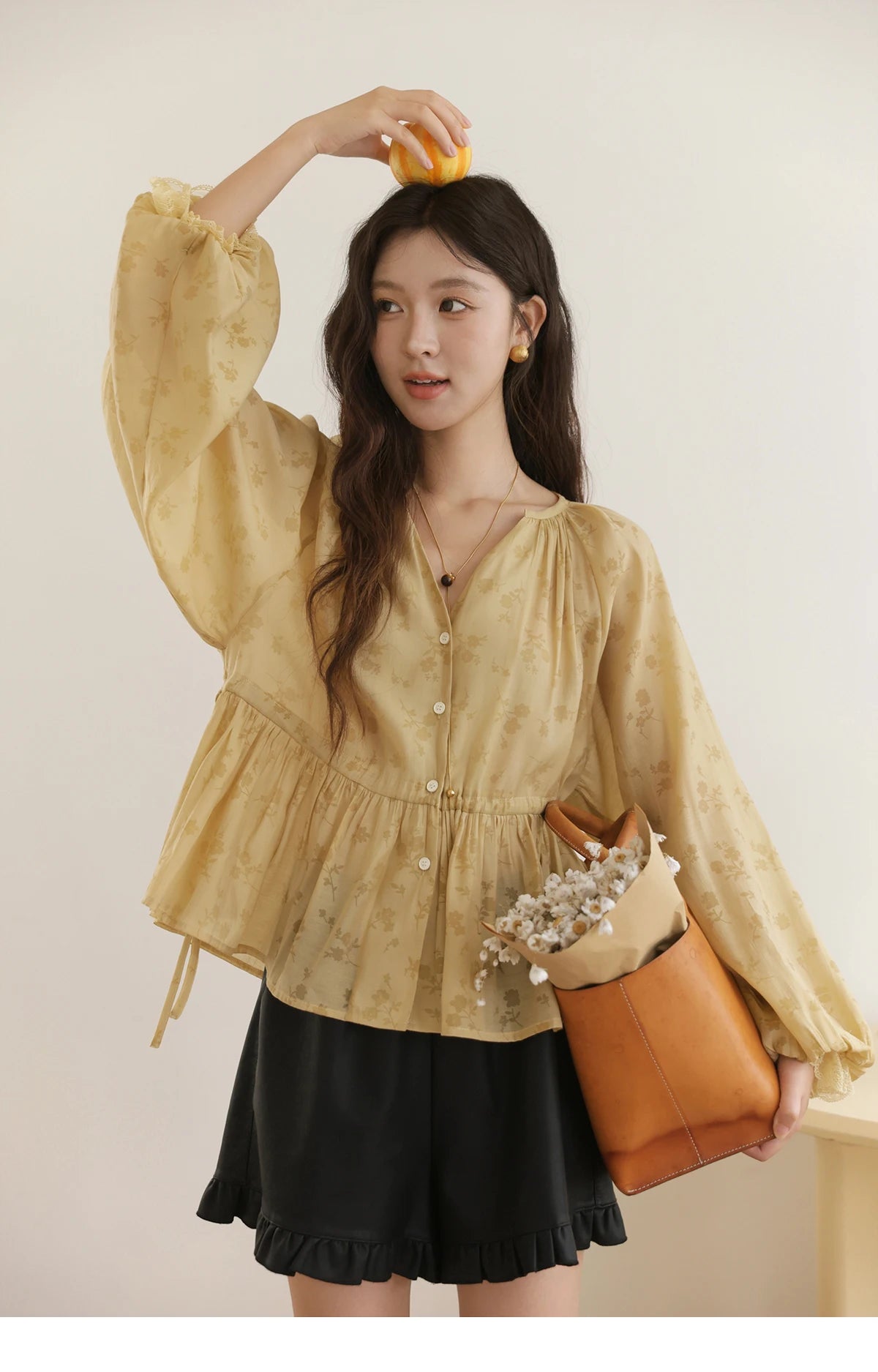 MISHOW Elegant Woman Shirt 2025 Autumn Yellow Printing Lantern Sleeves Shirt Commute Drawstring Waist Lace Trim Top MXE45X2499