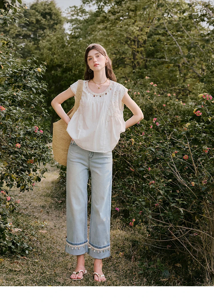 MISHOW French Summer Elegant Blouses Women 2025 Solid Short Flying Sleeve Round Neck Hollow Lace Shirts Woman Fashion MXE33X1778