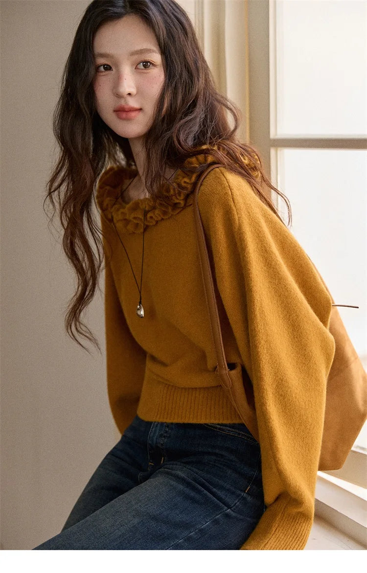 MISHOW Pullovers Women 2025 French Style Orange Lotus Edge Crew Neck Lantern Sleeves Top Slim Luxury Women's Sweaters MXE86Z2726