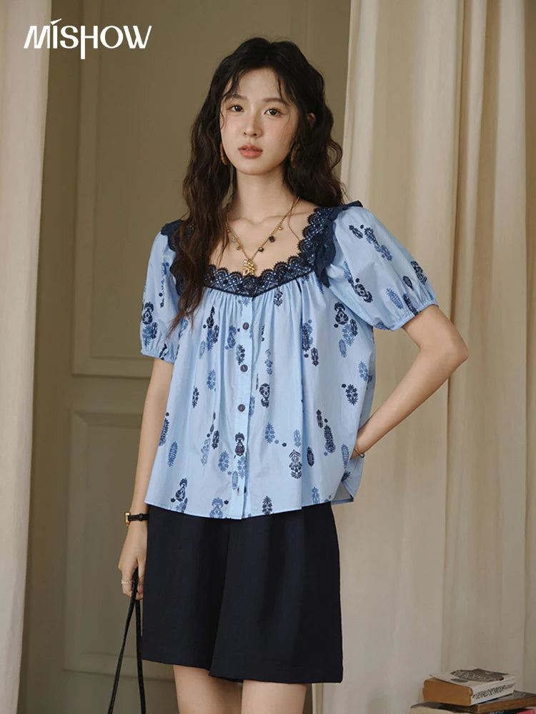 MISHOW Fashion Print Cotton Shirt for Women 2025 Summer New Puff Sleeve Lace Splicing Retro Blue Casual Button Top MXE35X1842