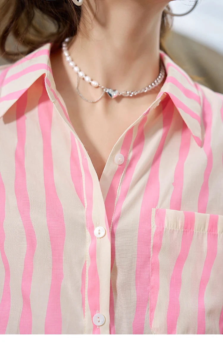 MISHOW Women's Striped Shirt 2023 Summer Korean Loose Puff Sleeve Polo Neck Pocket Casual Tops STRAIGHT Office Lady MXC38C0072