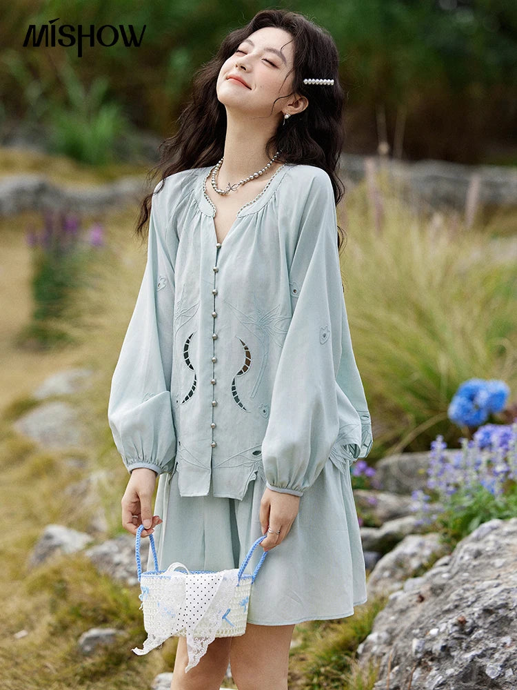 MISHOW Women's Sweet Blouses A-line Skirts Set Vintage Hollow Out Embroidery Loose Shirt Solid Skirt Two-piece Set MXE12T0455