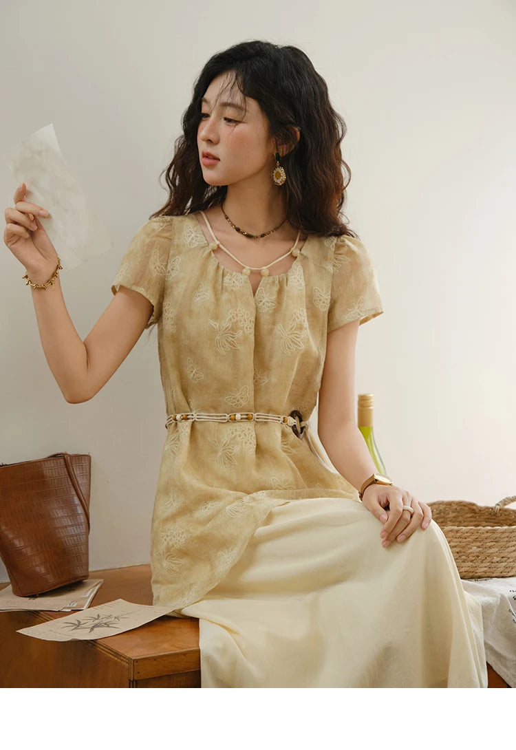 MISHOW Fashion Butterfly Embroidery Dress 2025 Summer Splicing Beaded Collar Comes with Retro Belt Dresses MXE36L2250