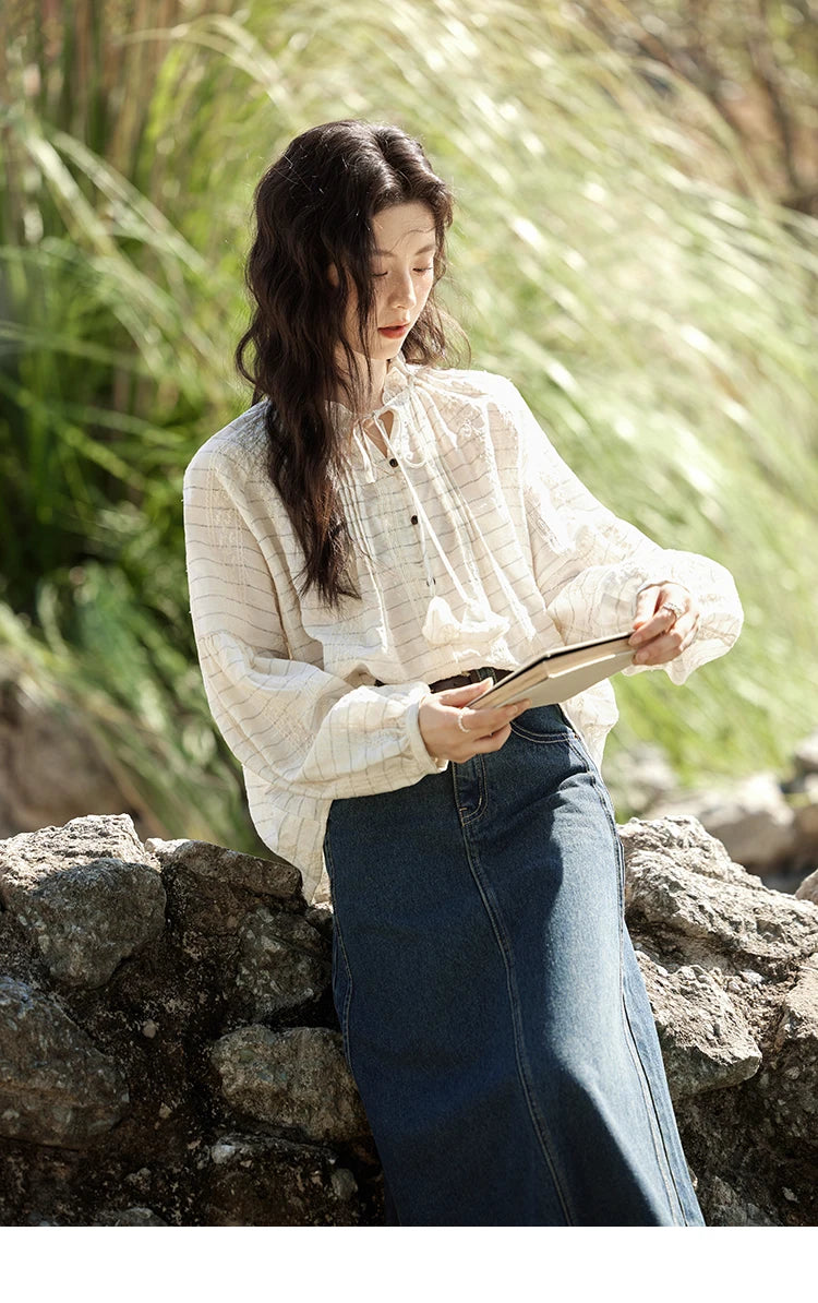 MiSHOW French Striped Blouses Women Spring New 2025 Long Sleeve Lace Collar Shirts Female Fashion Solid Chiffon Tops MXE12C0387