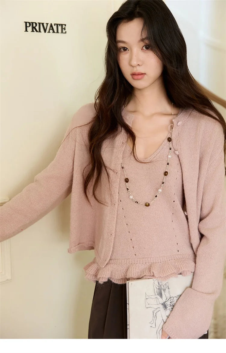 MISHOW Knit Cardigan for Women 2025 Autumn Elegant Pink Crew Neck Cardigan Loose Suspenders Two-piece Suit for Women MXE48T1404