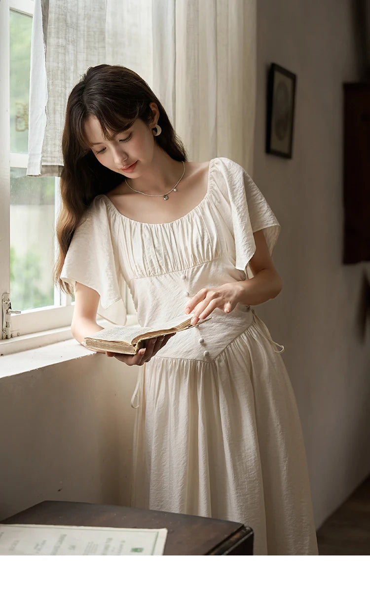 MISHOW Women's Elegant Dress 2023 Summer French A-LINE Butterfly Sleeve Square Collar Solid Lace-up Waist Dresses MXC38L1407