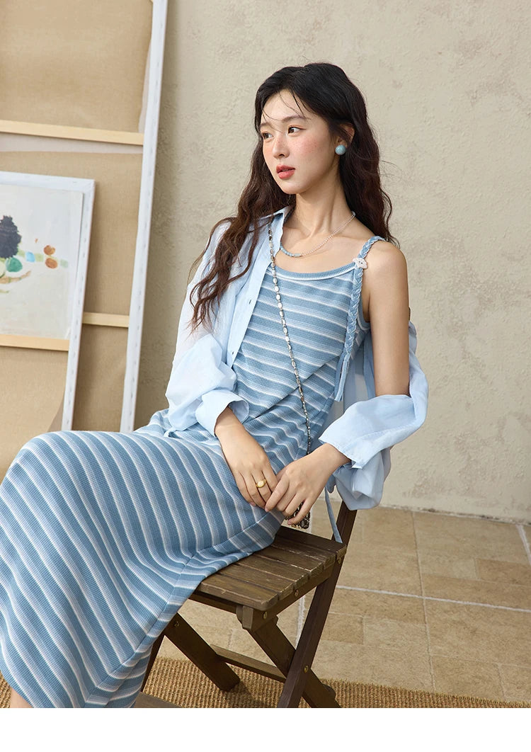 MISHOW Women's Blue Striped Camisole Dress Lyocell Shirt Separately Summer 2025 Lapel Solid Shirt O-neck Strap Dress MXE34L2285
