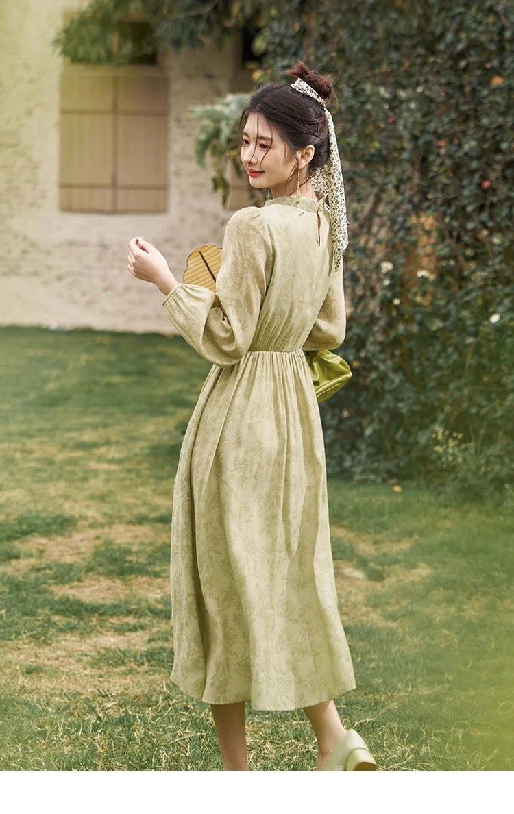 MISHOW Retro Chinese Improved Cheongsam Dress 2024 Spring Chiffon Printing Green Puff Sleeve Stand Neck Waist Dresses MXD14L1767