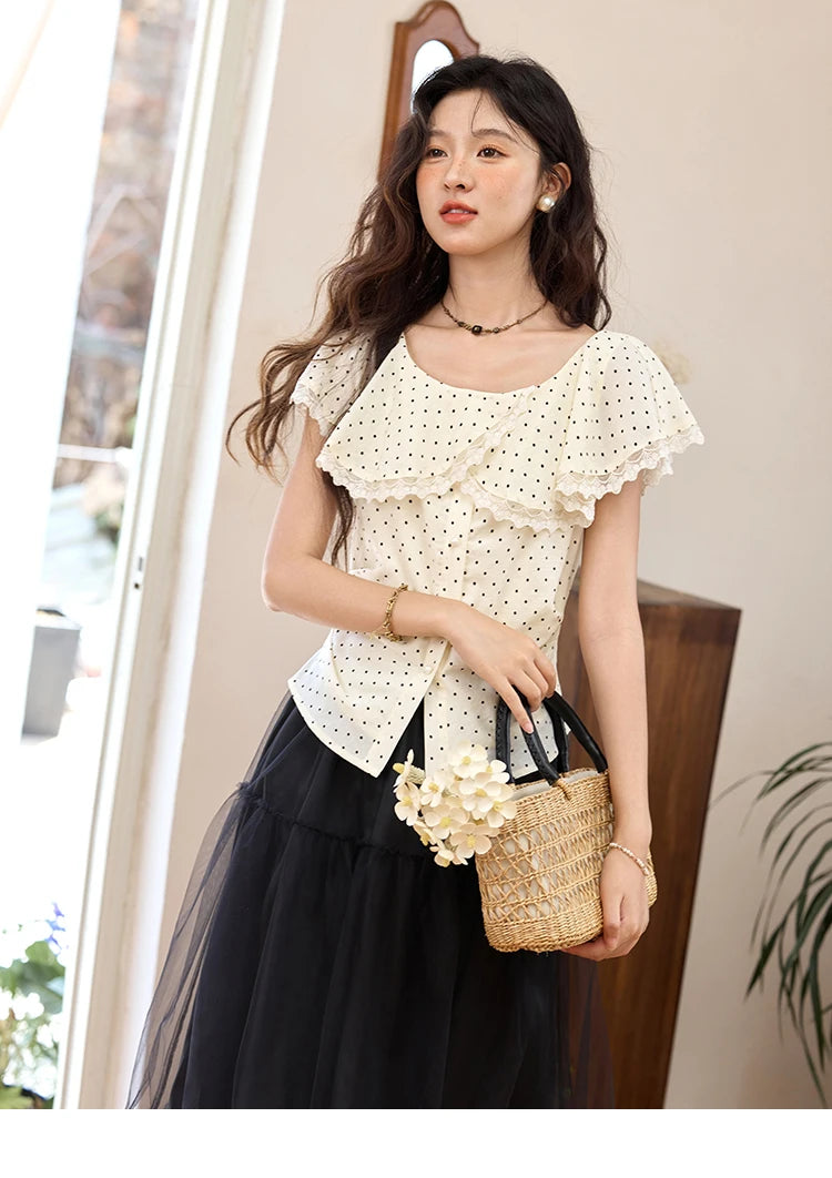 MISHOW Women's Apricot Polka Dot Shirt 2025 Summer French Ruffle Edge Patchwork Lace Shirts Short Sleeved Slim Top MXE34X1783