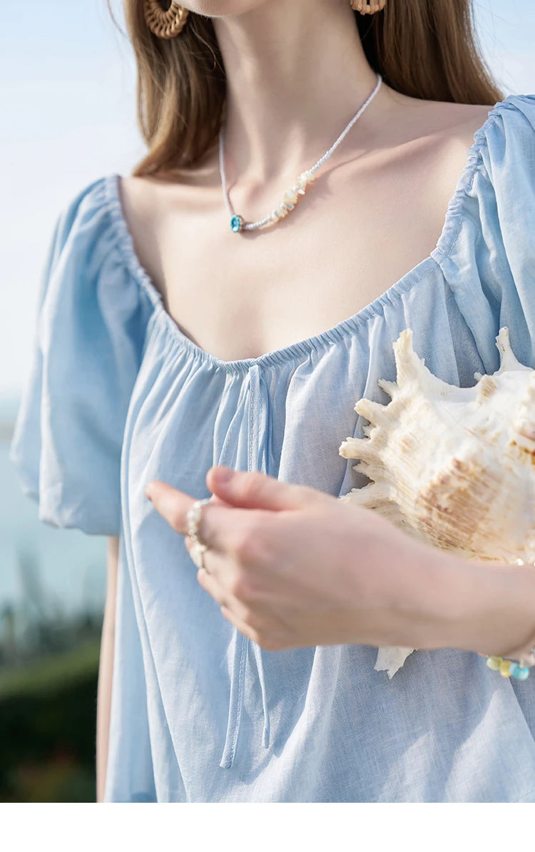 MISHOW French Square Neck Tied Lantern Sleeve Blouses 2025 Summer Double Layered Hem Puff Sleeve Solid Sweet Tops MXD26X1551