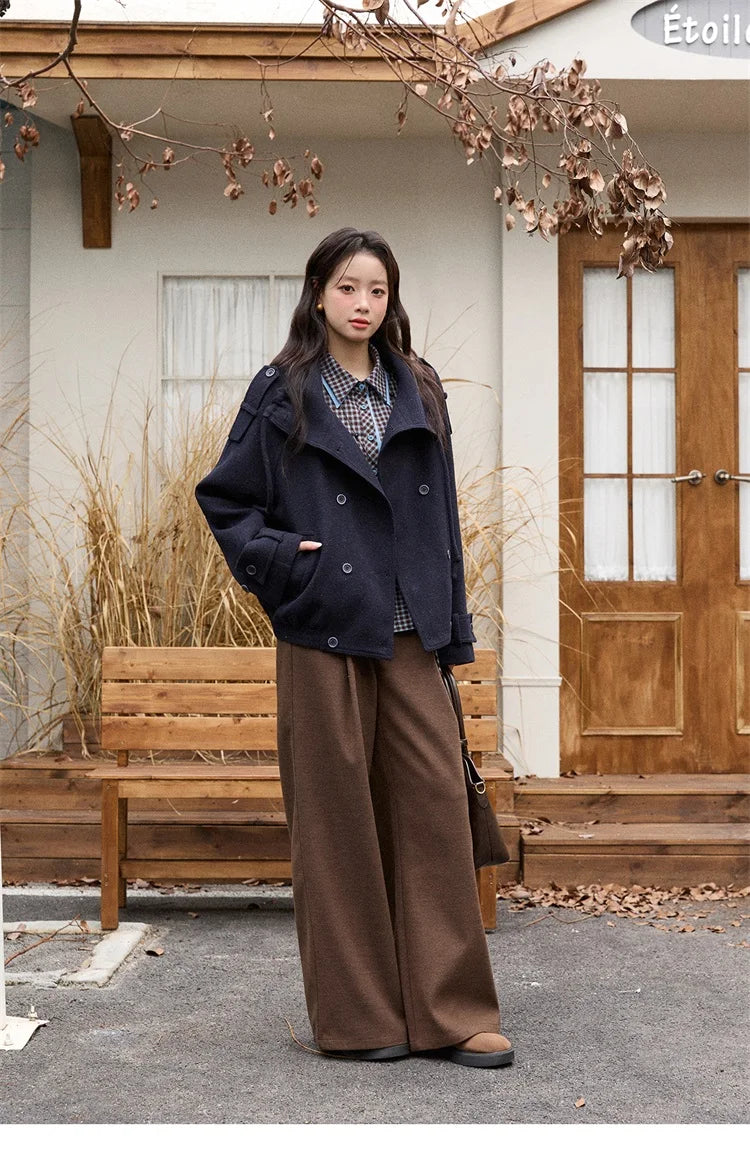 MISHOW Retro Blue Plaid Shirt for Women 2025 Autumn Winter Lapel Lantern Sleeves Ruffled Hem Top Slim Casual Shirt MXE89C2420