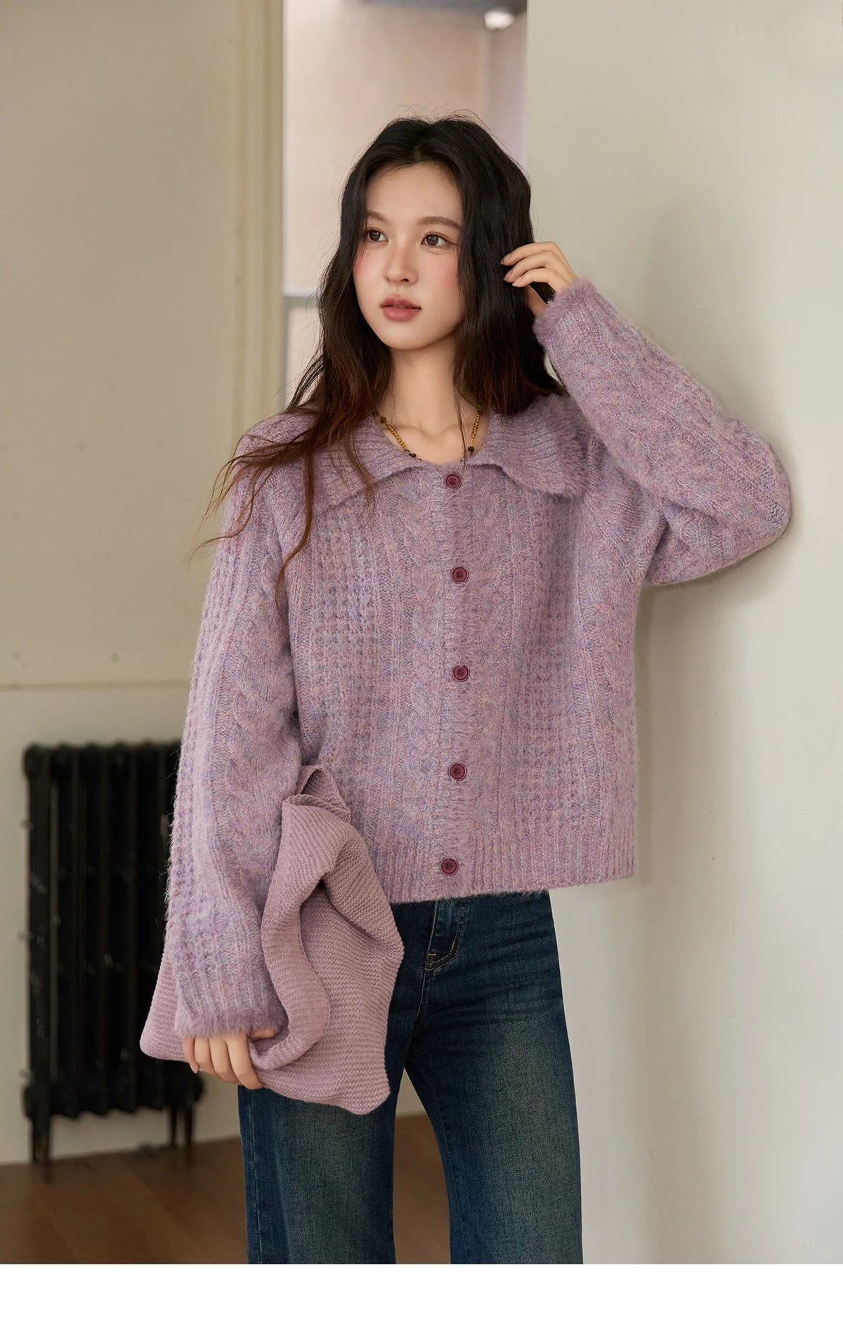 MISHOW Cardigans Ladies 2025 Winter Loose Retro Purple Turn-down Collar Imitation Mink Sweater Commute knit Top MXE88Z2616