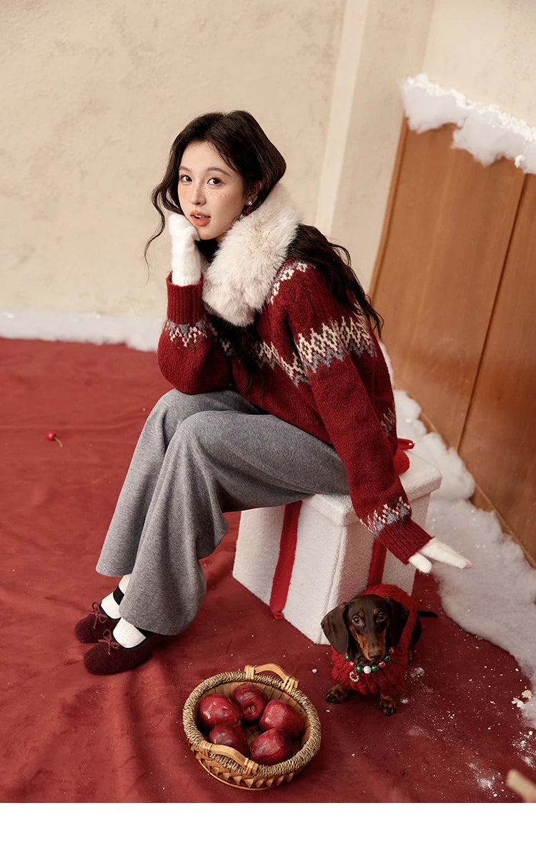 Mishow Red Fair Isle Raglan Sleeve Sweater MXD58Z1035