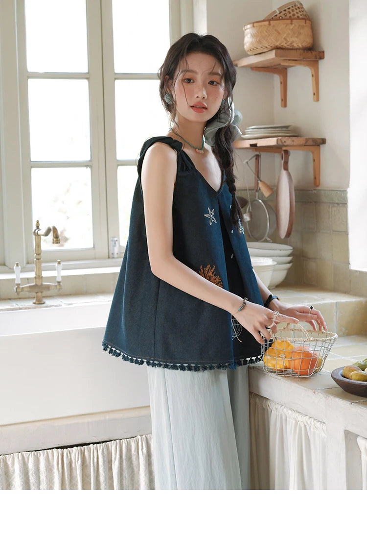 MISHOW Women's Fashion Strap Vest Summer 2025 Embroidery Lace Sleeveless Lady Camis Casual Vacation Tassel Denim Top MXE37X1860