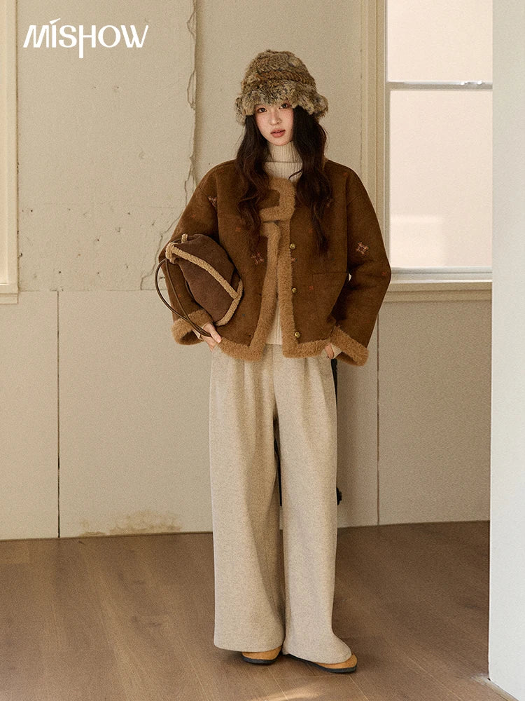 MISHOW Women Brown Jacket 2025 Winter Retro Stand Collar Single-Breasted Windproof Coat Comfortable Long-Sleeve Coat MXE86W0910