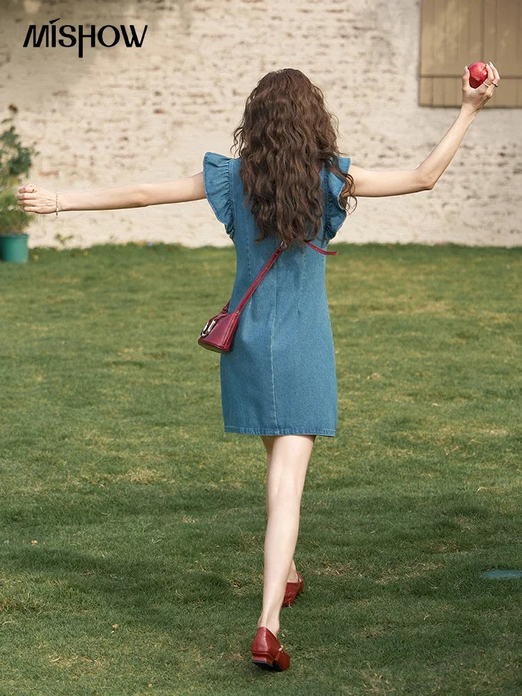 MISHOW Chinese Flying Sleeve Split Denim Dress 2024 Side Flap Buckle Round Neck Denim Waist Loose Knee-Length Dresses MXD22L1851