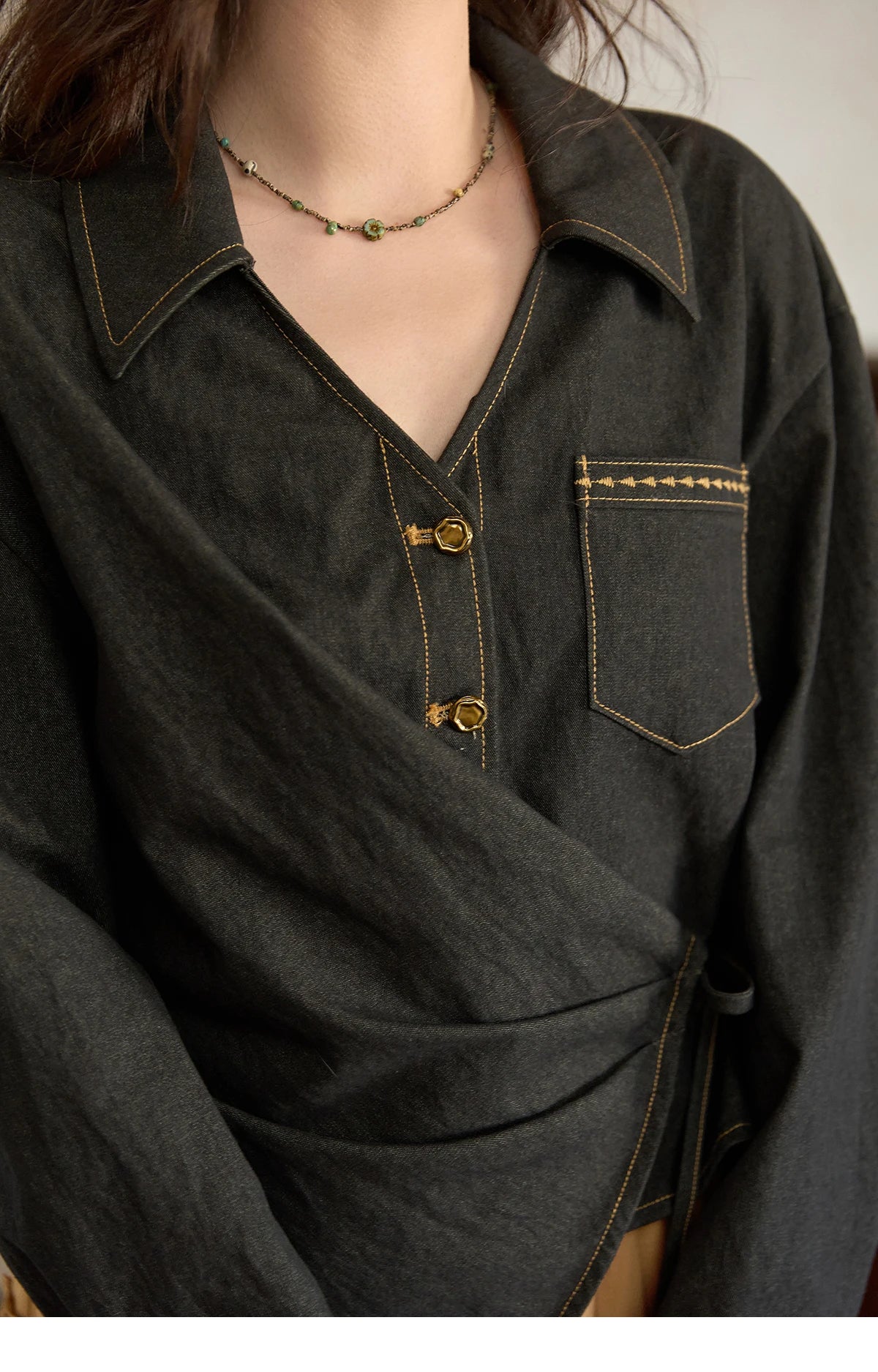 MISHOW Black Imitation Denim Shirt Side Lace-Up Lapel V-Neck MXE42C2374