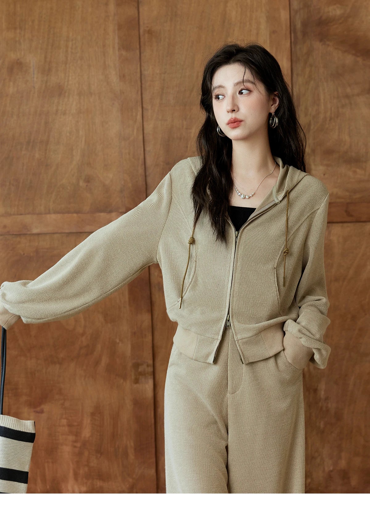 MISHOW Hooded Double Zipper Sweatshirt Knitted Straight Leg Pants Separately Versatile Top Back Elastic Waist Pants MXD44Z0794