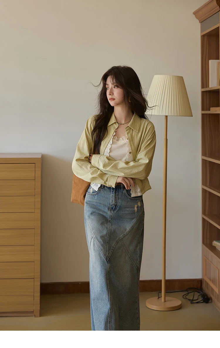 MISHOW Women's Top Green Fake Two Piece Shirt 2025 Autumn Lace Patchwork Lapel Shirts Rear Hem Elastic Short Shirt MXE41C2348