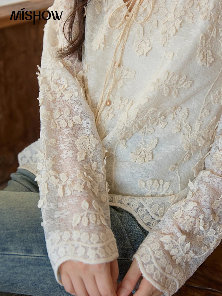 MISHOW Apricot Lace Jacquard Embroidered Shirt 2025 Autumn Black Fungus Edge Lace-up Vintage Commuter Top Office Lady MXE41X1927