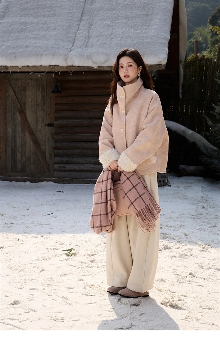 MISHOW Women's Double Sided Wearing Jacket 2025 Winter Lamb Wool Lapel Coat Warm Windproof Commuter Coat with Pockets MXE91W1015