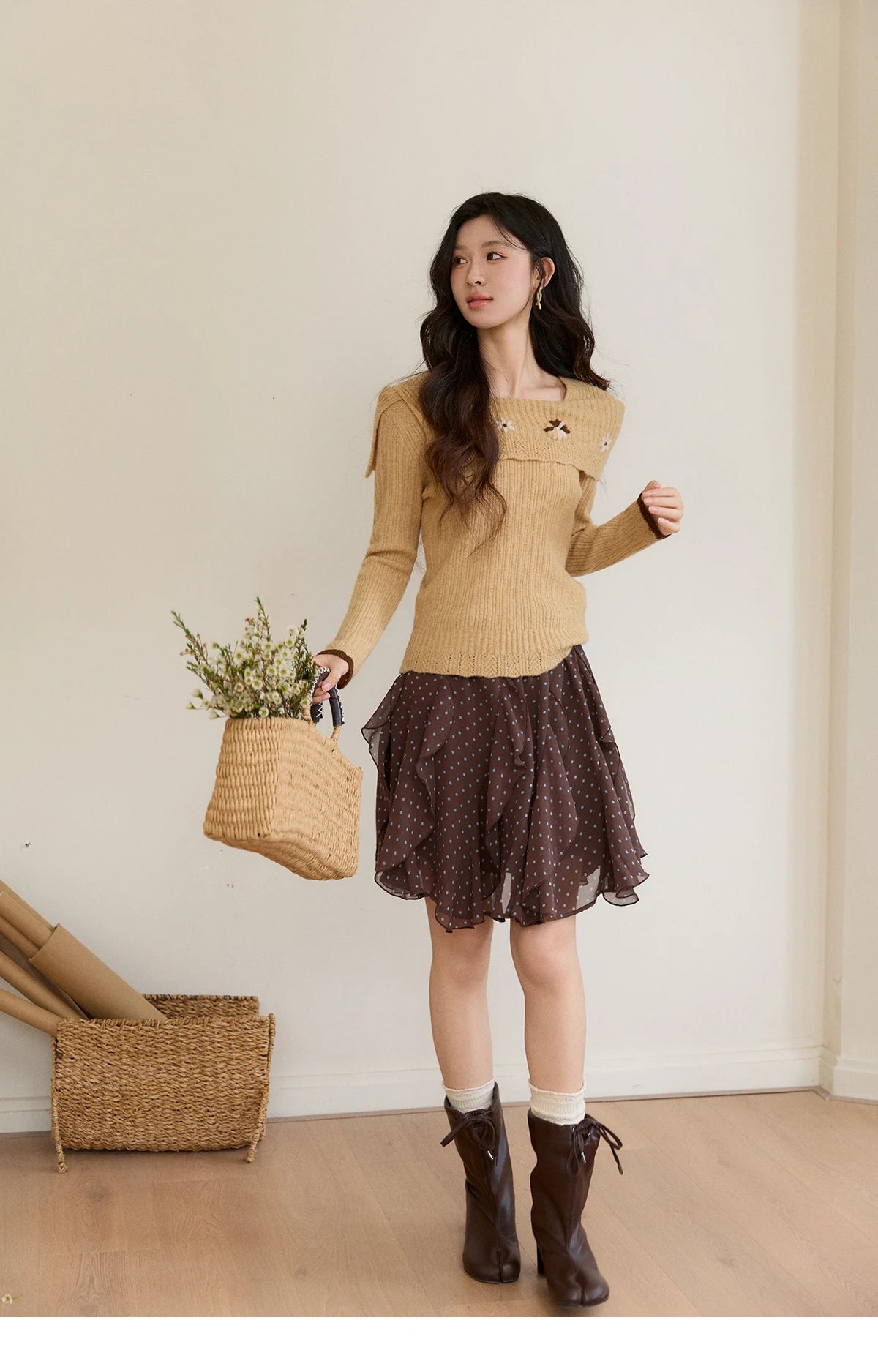 MISHOW Women's Brown Polka Dot Skirt Spring Irregular Ruffled Chiffon Elastic Waist Skirts Casual A-line Mini Skirt MXF13B2476