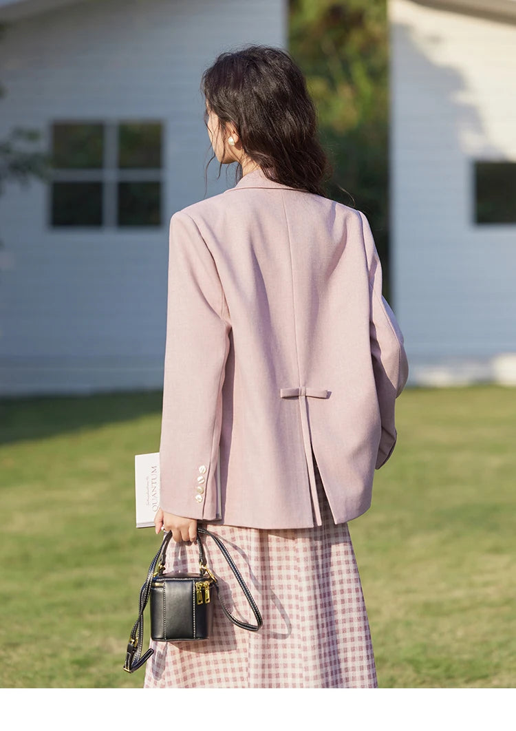 MISHOW Blazers for Women Spring 2025 Shoulder Pads Back Hem Slit Bow Coat Temperament Solid Single Breasted Blazer MXE13W0706