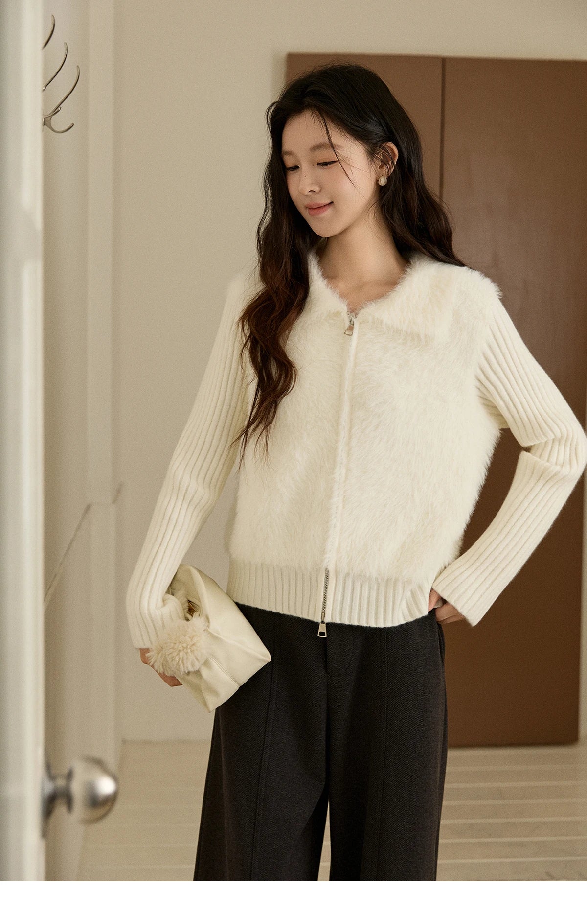 MISHOW Women's White Faux Fur Knit Cardigan 2025 Autumn Winter Fake Two-Piece Zipper Lapel Collar Warm Soft Outerwear MXE94Z2992